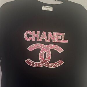 CHANEL Black Top with Pink Embellished Logo